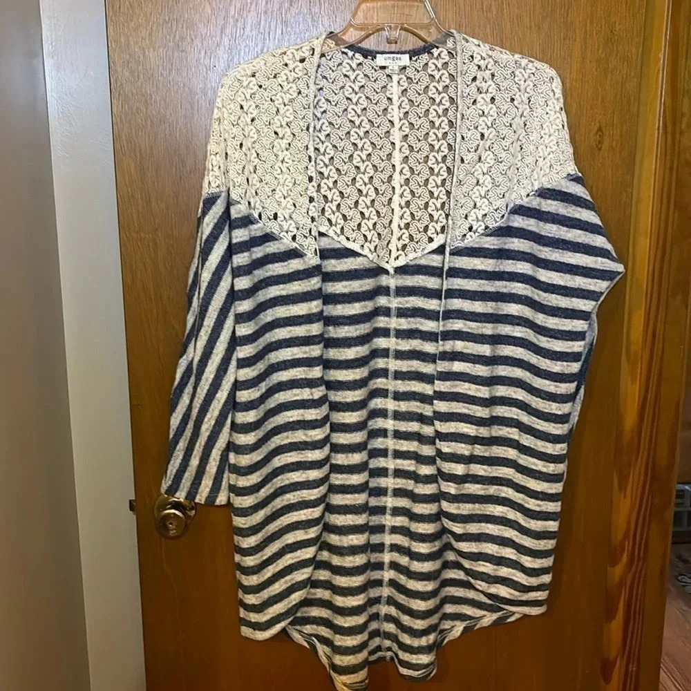 Umgee Boho Striped Lace Crochet Cardigan Sweater Size L Excellent Condition